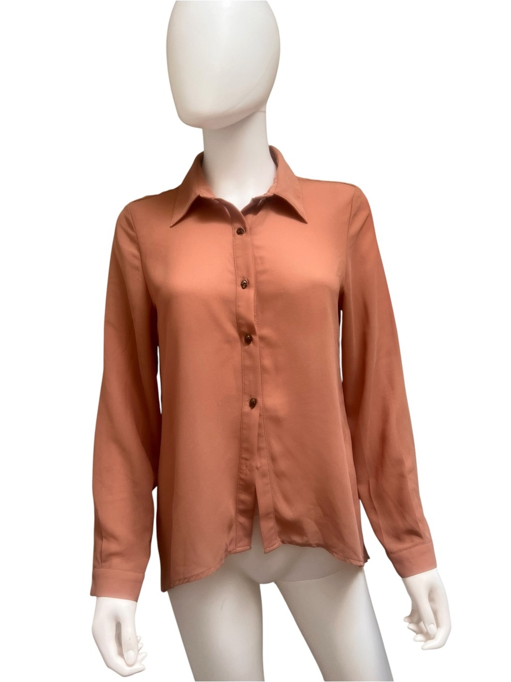 English Rose- Button-Down Sheer Long-Sleeve Rust Blouse. Skull buttons. Sz M.